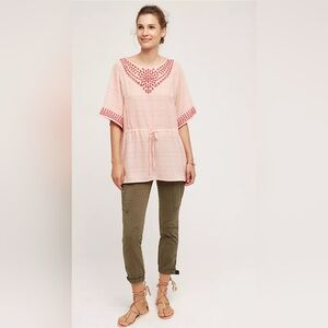 Anthropologie One September Euphemia Peasant Top OS Peach Red Embroidered...‎